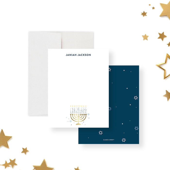 Elegant Personalized Hanukkah Note Card with Menorah Design, Thank You Card for Hanukkah, Jewish Holiday Note Card