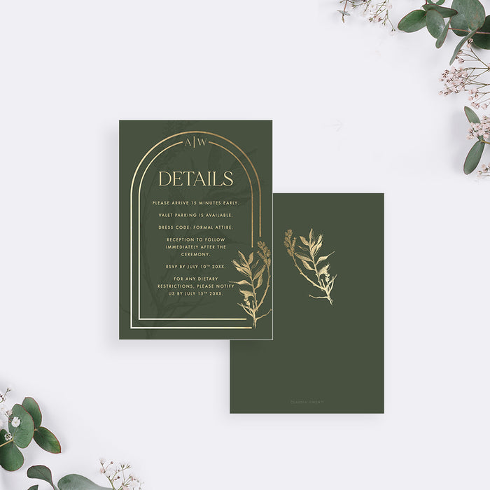 Botanical Wedding Invitation with Foliage and Arch Design, Garden Wedding Invitation in Green and Gold