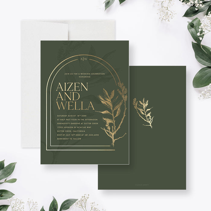 Botanical Wedding Invitation with Foliage and Arch Design, Garden Wedding Invitation in Green and Gold