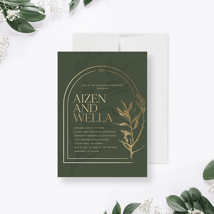 Botanical Wedding Invitation with Foliage and Arch Design, Garden Wedding Invitation in Green and Gold