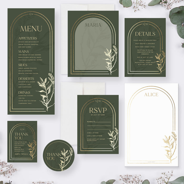 Botanical Wedding Invitation with Foliage and Arch Design, Garden Wedding Invitation in Green and Gold