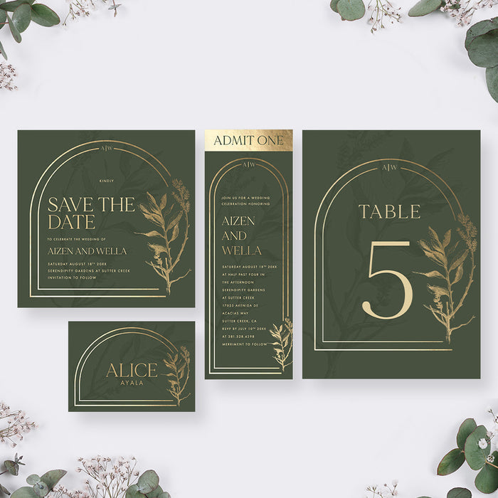 Botanical Wedding Invitation with Foliage and Arch Design, Garden Wedding Invitation in Green and Gold