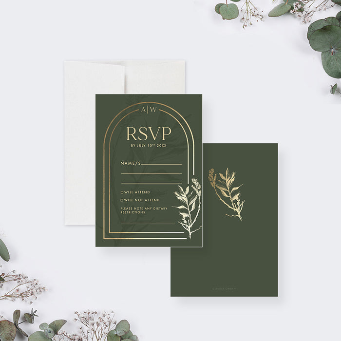 Botanical Wedding Invitation with Foliage and Arch Design, Garden Wedding Invitation in Green and Gold