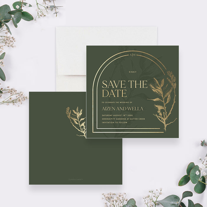 Botanical Wedding Save the Date Card with Foliage and Arch Design, Green and Gold Save the Dates for Garden Wedding Celebration