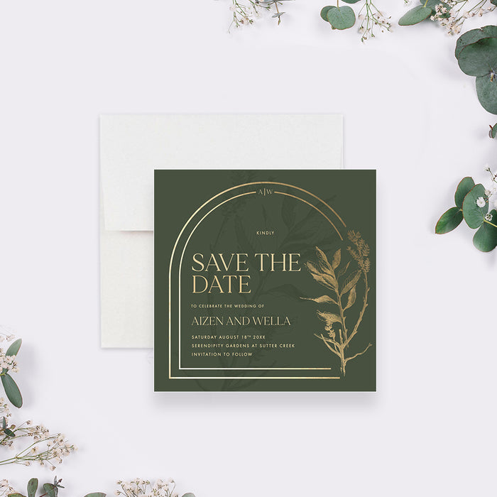 Botanical Wedding Save the Date Card with Foliage and Arch Design, Green and Gold Save the Dates for Garden Wedding Celebration