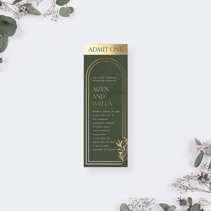 Botanical Wedding Invitation with Foliage and Arch Design, Garden Wedding Invitation in Green and Gold