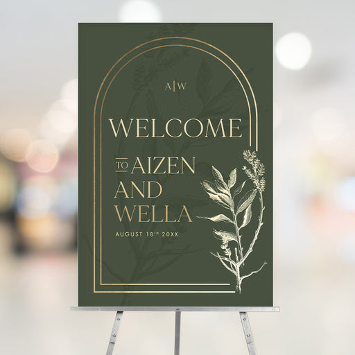 Green and gold botanical wedding welcome sign with an elegant frame, customizable details, perfect for garden weddings and receptions.
