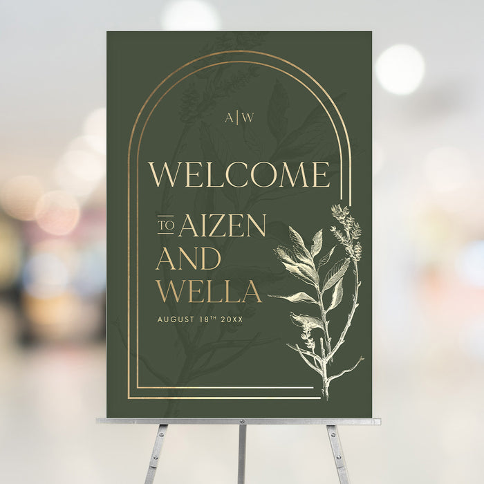 Green and gold botanical wedding welcome sign with an elegant frame, customizable details, perfect for garden weddings and receptions.