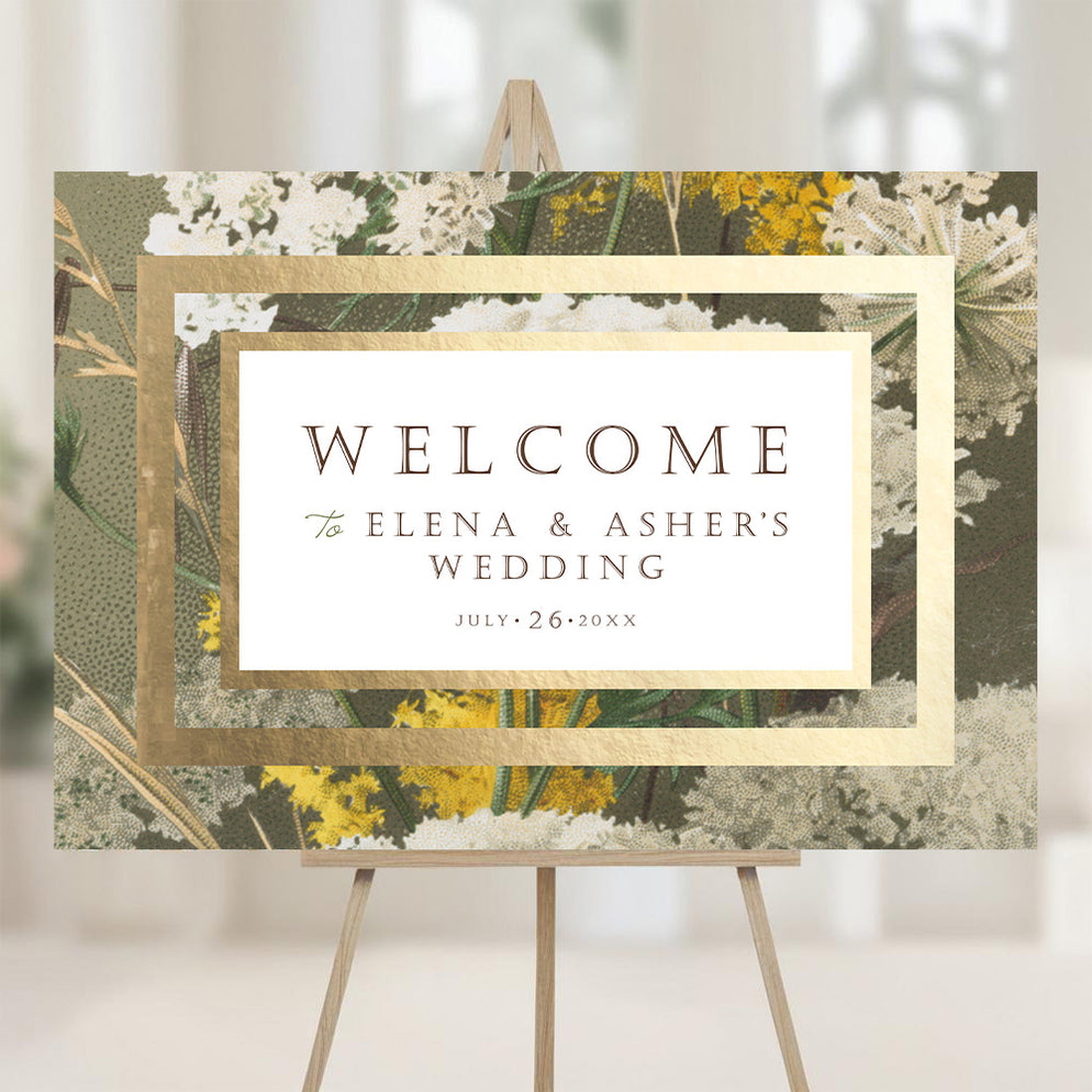 Wedding Welcome Sign with Gold Border and Floral Background — Claudia Owen