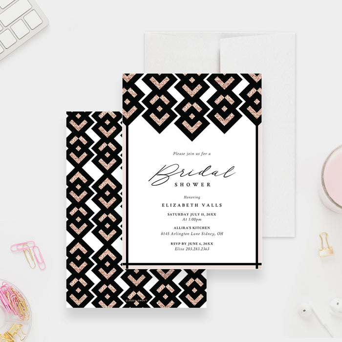 Elegant rose and black geometric bridal shower invitation with modern Art Deco style pattern-front