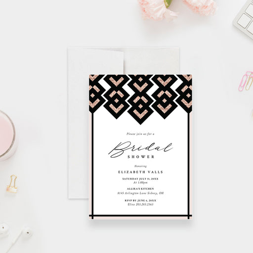 Elegant rose and black geometric bridal shower invitation with modern Art Deco style pattern