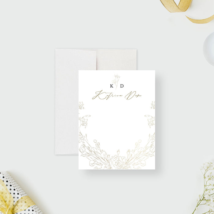 Elegant floral wreath thank you note card with gold botanical illustration-front