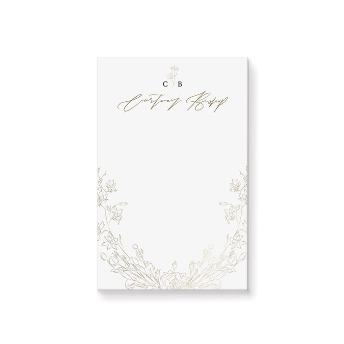 Personalized floral wreath notepad with elegant gold botanical illustration