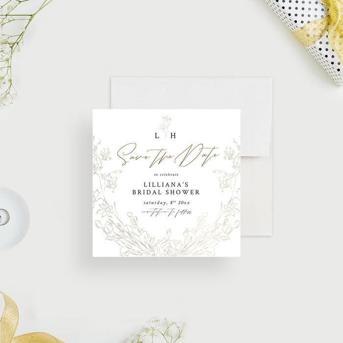 Bridal shower save the date card with featuring a delicate gold floral wreath design-front
