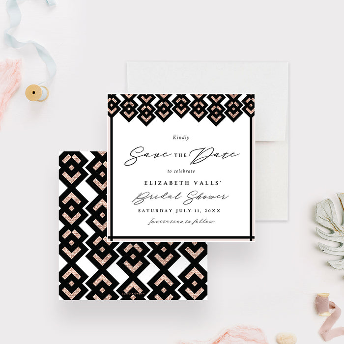 Bridal shower save the date card with rose and black geometric border and elegant script typography-front-back