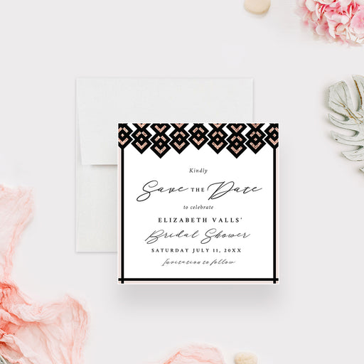 Bridal shower save the date card with rose and black geometric border and elegant script typography-front