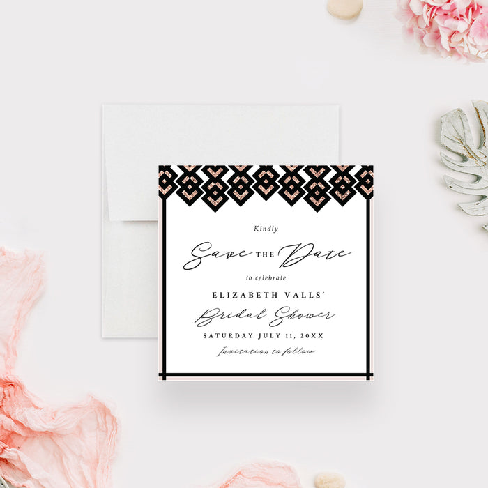 Bridal shower save the date card with rose and black geometric border and elegant script typography-front