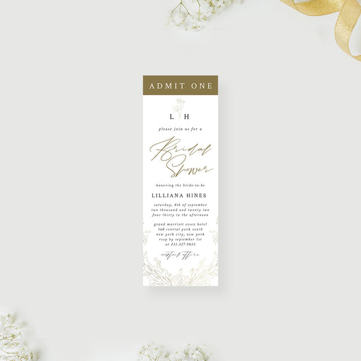 Elegant bridal shower ticket invitation featuring a delicate gold floral design