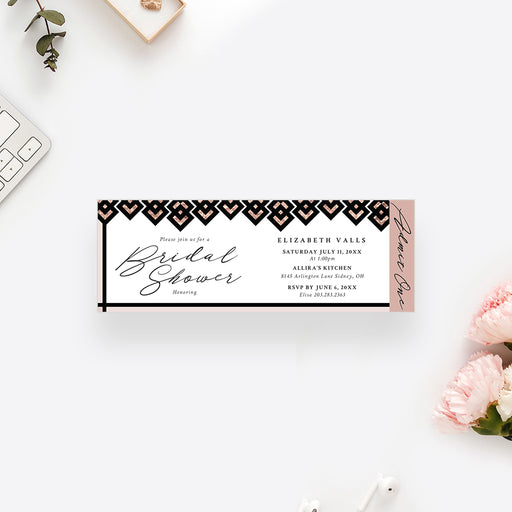 Ticket-style bridal shower invitation featuring a chic rose gold and black geometric design