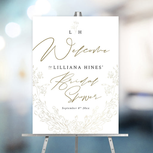 Elegant bridal shower welcome sign featuring a gold floral wreath design