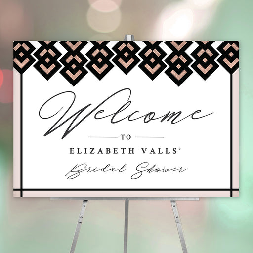 Elegant black and rose gold bridal shower welcome sign featuring a modern geometric pattern