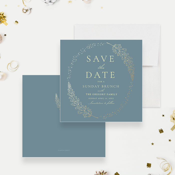 Elegant Brunch Save the Date Card with Gold Foliage, Sunday Brunch Save the Dates, Easter Save the Date in Blue and Gold