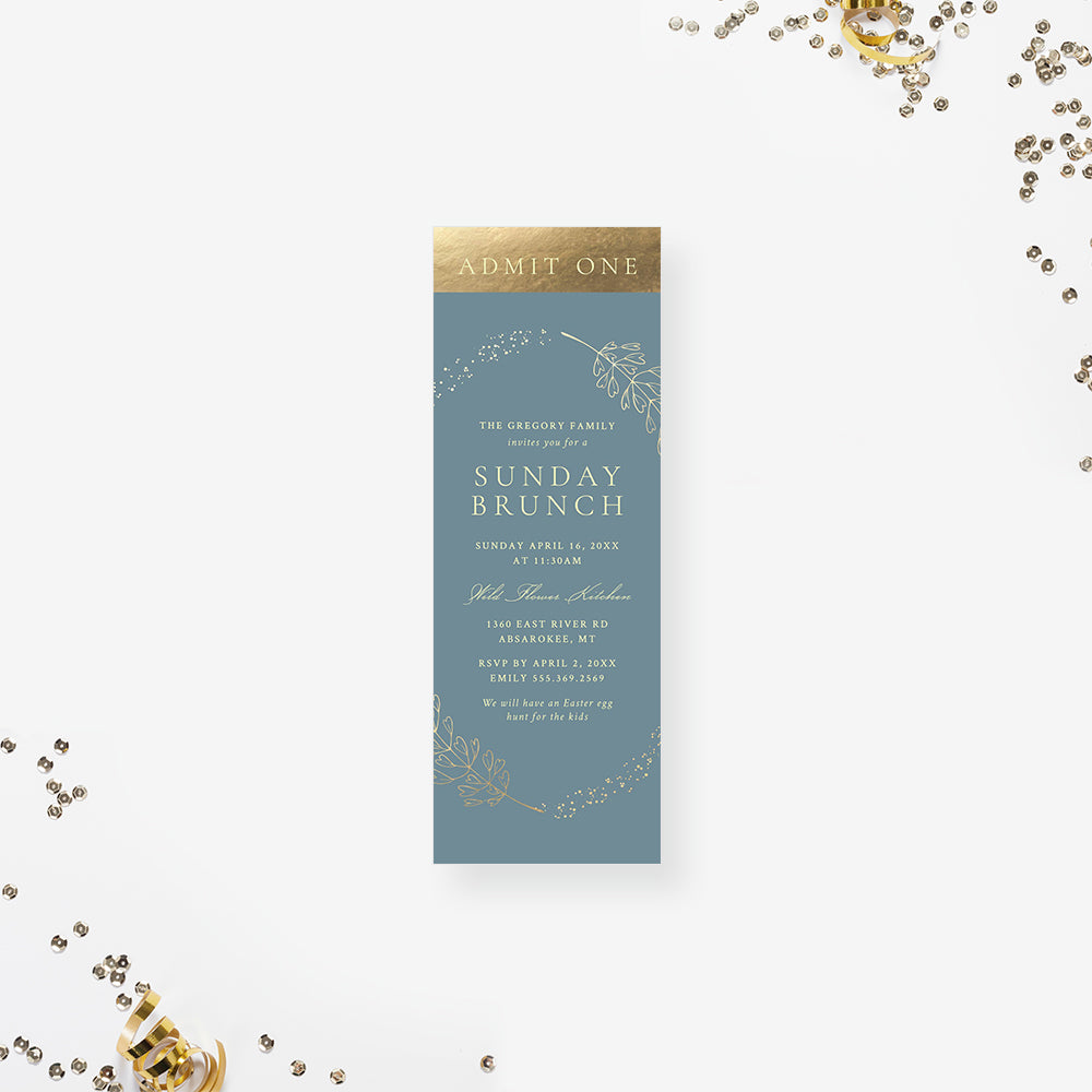 Elegant Brunch Party Ticket with Gold Foliage, Sunday Easter Brunch Ti