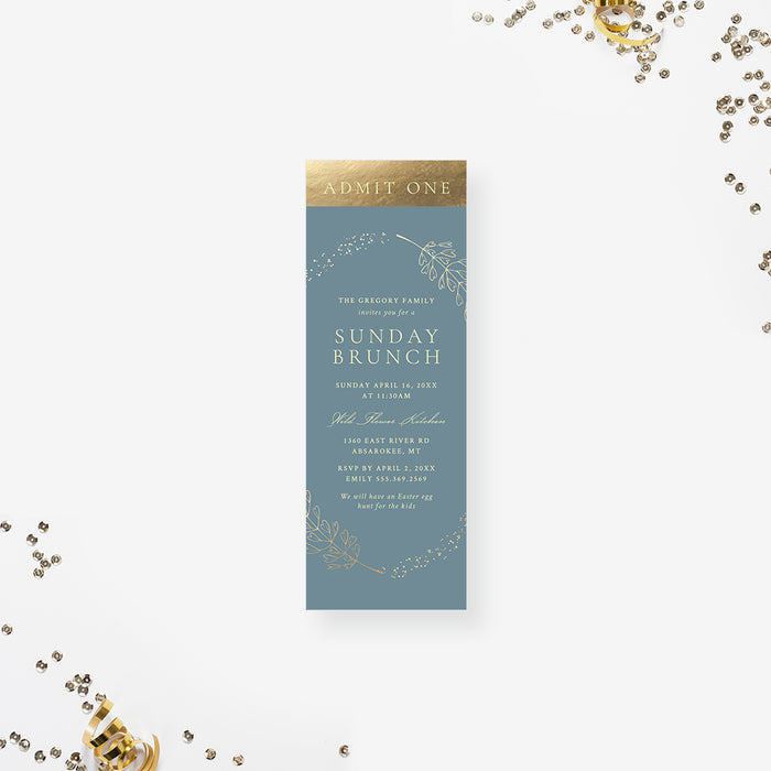 Elegant Brunch Party Ticket with Gold Foliage, Sunday Easter Brunch Ticket Invitation, Modern Easter Dinner Celebration