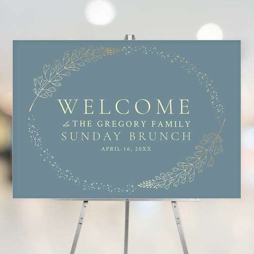 Elegant blue and gold personalized brunch welcome sign with foliage design, custom party poster for brunch, lunch, or dinner gatherings.