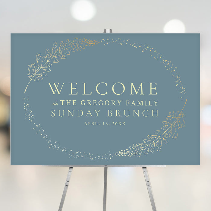 Elegant blue and gold personalized brunch welcome sign with foliage design, custom party poster for brunch, lunch, or dinner gatherings.