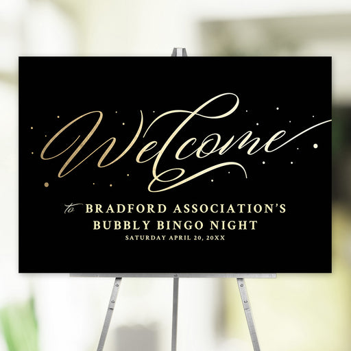 Elegant black and gold welcome sign for Bubbly Bingo Night with stylish calligraphy, event name, organization, and date.