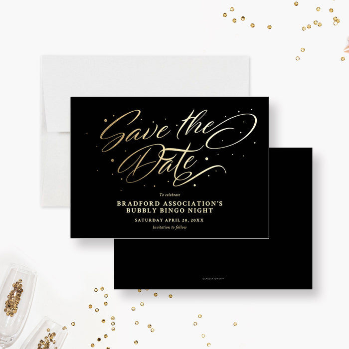 Bubbly Bingo Save the Date Card in Black and Gold with Intricate Typography, Game Night Save the Date Cards