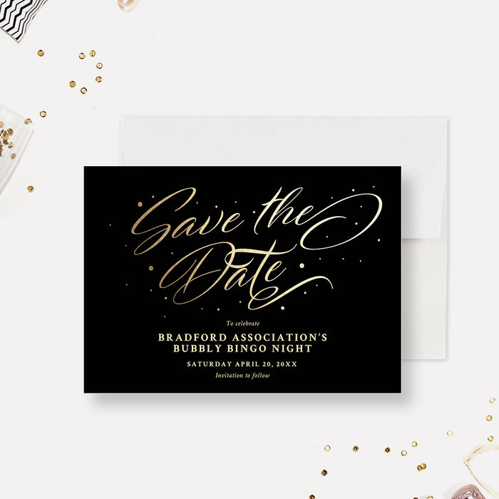 Bubbly Bingo Save the Date Card in Black and Gold with Intricate Typography, Game Night Save the Date Cards