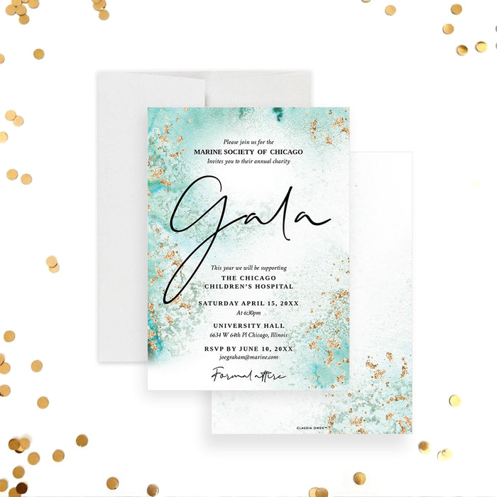 Custom aqua and gold gala invitation card with watercolor design, customizable text for charity dinners, fundraisers, corporate events, and weddings.-front-back