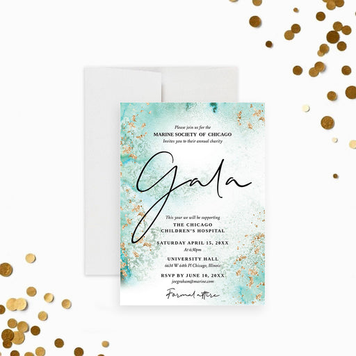 Custom aqua and gold gala invitation card with watercolor design, customizable text for charity dinners, fundraisers, corporate events, and weddings.-front