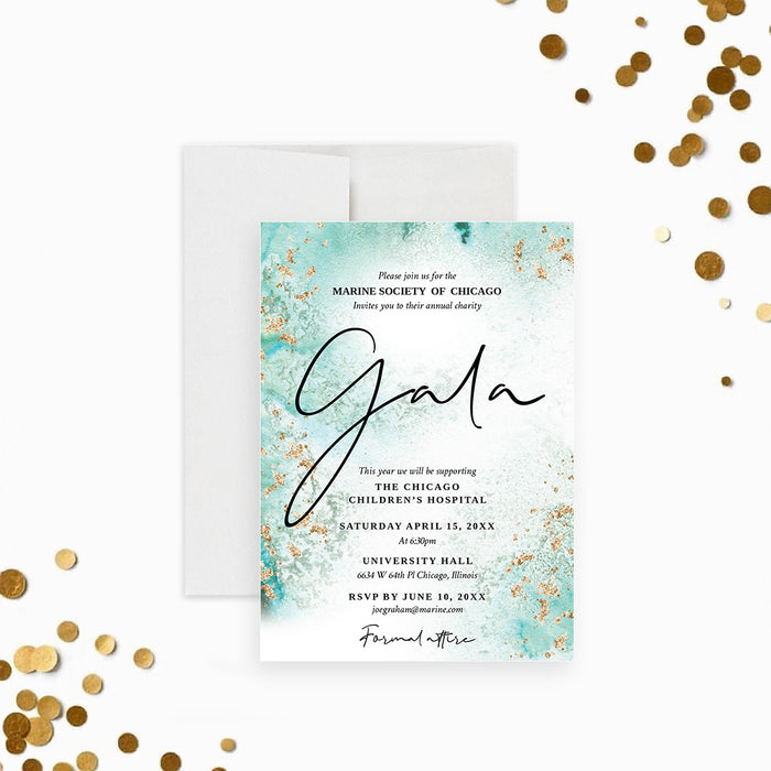 Custom aqua and gold gala invitation card with watercolor design, customizable text for charity dinners, fundraisers, corporate events, and weddings.-front