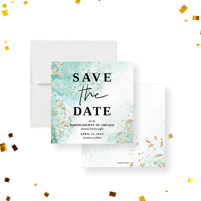 Custom save the date with aqua and gold watercolor, perfect for galas, fundraisers, and milestone celebrations.-front-back