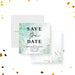 Custom save the date with aqua and gold watercolor, perfect for galas, fundraisers, and milestone celebrations.-front-back