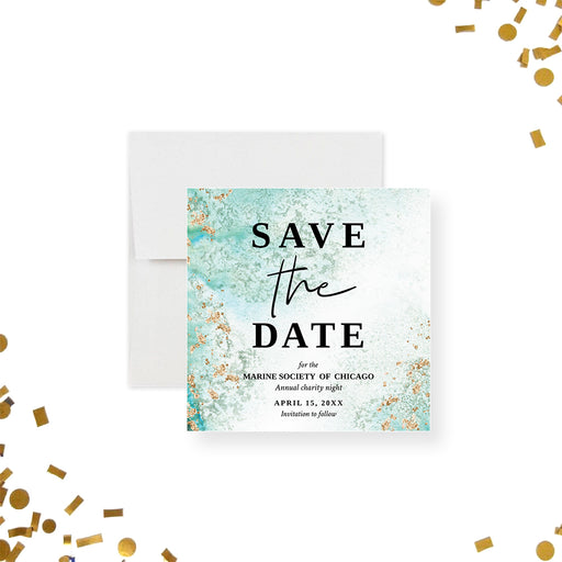 Custom save the date with aqua and gold watercolor, perfect for galas, fundraisers, and milestone celebrations.-front
