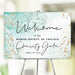 Custom watercolor welcome sign with teal and gold design on easel, personalized for charity gala, wedding, corporate event, or special occasion.