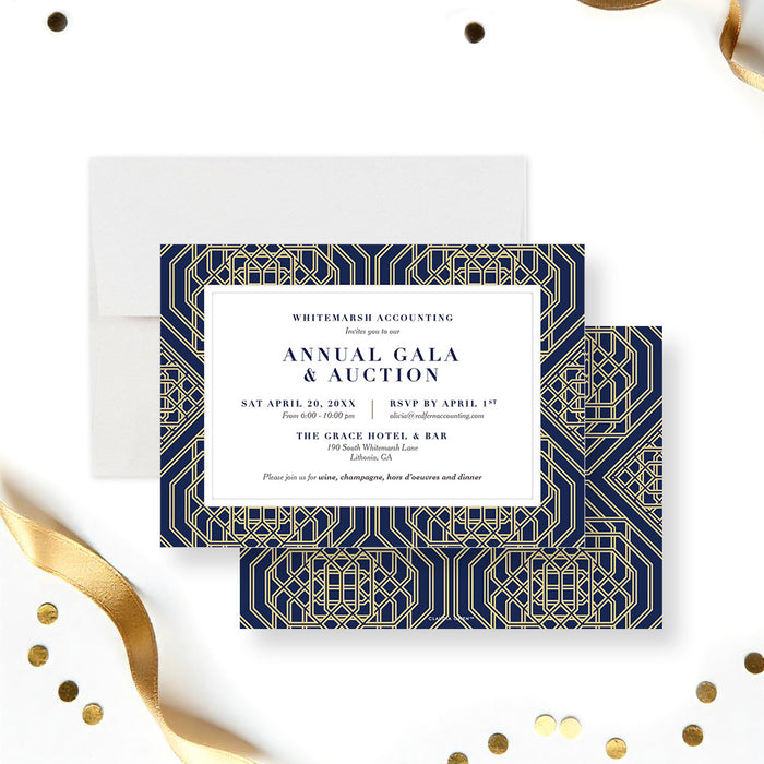 Elegant navy and gold geometric invitation for corporate annual gala events.-front-back