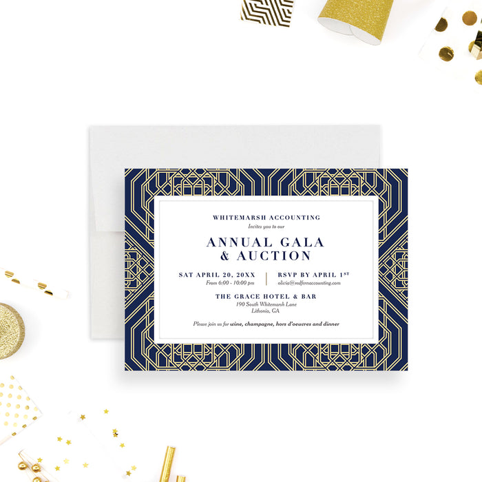 Elegant navy and gold geometric invitation for corporate annual gala events.-front