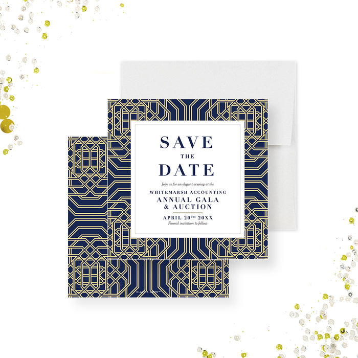 Elegant save the date card featuring navy and gold geometric illustrations, perfect for corporate or black-tie events.-front-back