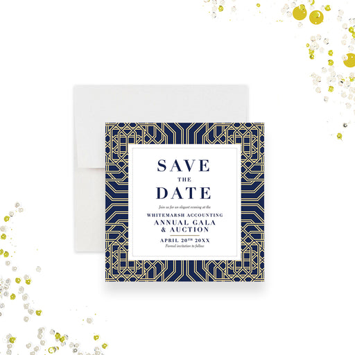 Elegant save the date card featuring navy and gold geometric illustrations, perfect for corporate or black-tie events.-front