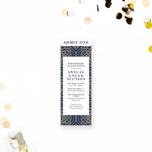 Printed ticket invitation featuring a navy and gold geometric design, admit-one ticket for a corporate annual gala event.