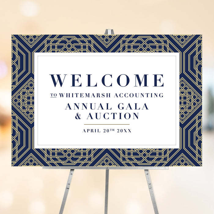Elegant welcome sign featuring navy and gold geometric design, customizable to match your formal event décor.