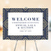 Elegant welcome sign featuring navy and gold geometric design, customizable to match your formal event décor.
