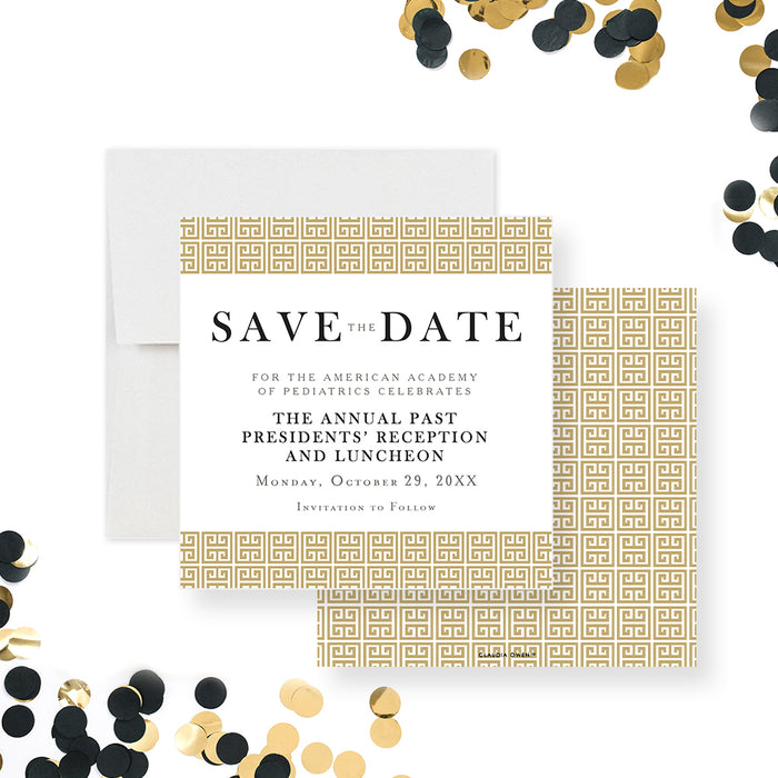 Save the date card with an elegant gold Greek key meander border, perfect for any formal occasion.-front-back