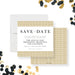 Save the date card with an elegant gold Greek key meander border, perfect for any formal occasion.-front-back