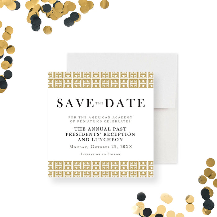 Save the date card with an elegant gold Greek key meander border, perfect for any formal occasion.-front
